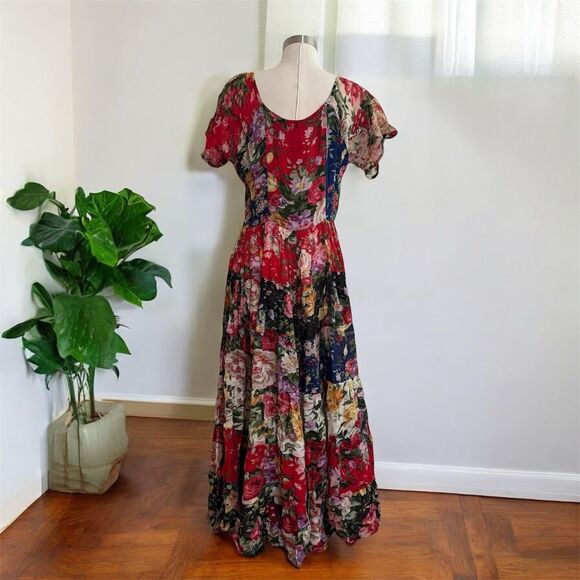 Vintage Bila Red Black Maxi Dress Medium Boho Paisley Floral Button Down - Picture 3 of 7